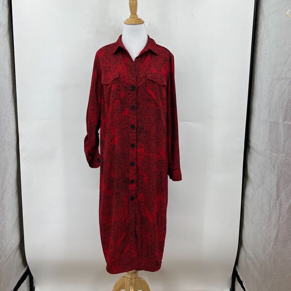 Rock & Republic Animal Print Shirt Dress Women M Medium Red Rolled Sleeves *READ - Picture 2 of 11